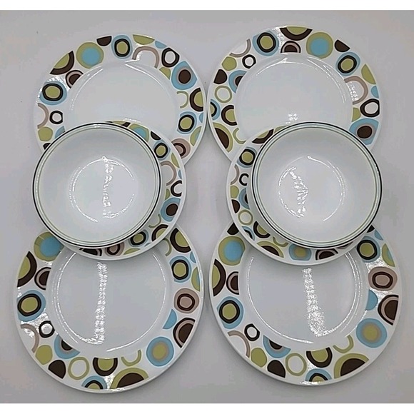 Corelle Other - 8pc Corelle Vitrelle ROLA  10-3/4" Dinner Plates Bowls‎ Green Brown Blue Circles